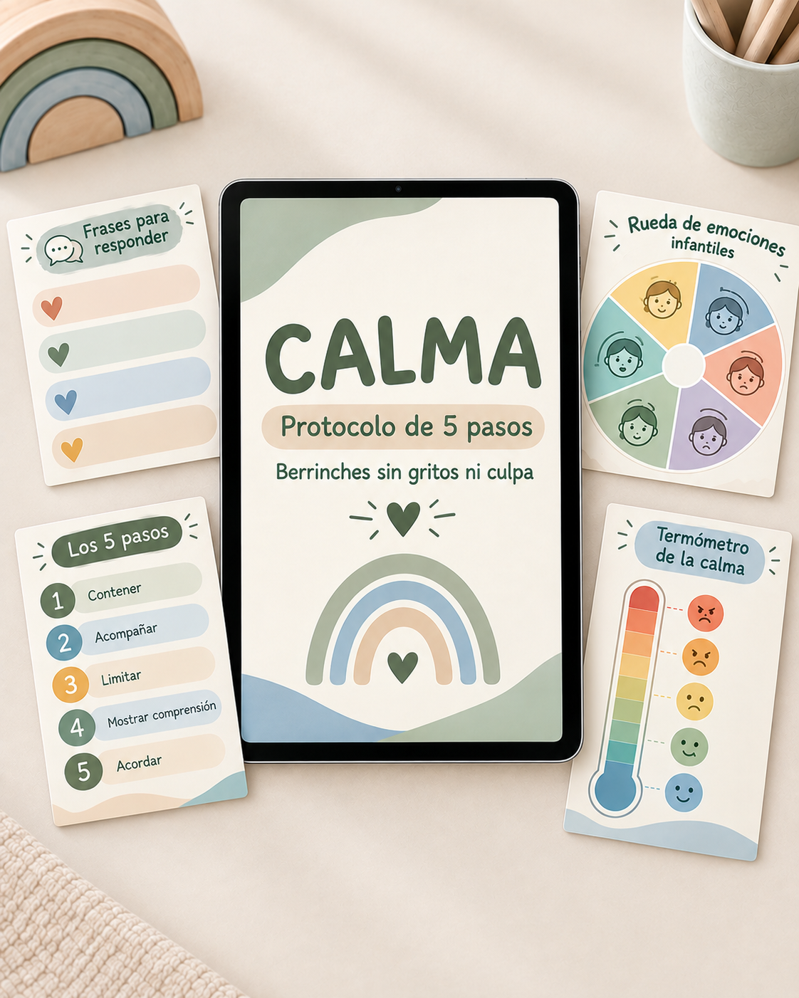 Guía digital CALMA con la tarjeta de frases, la rueda de emociones y el termómetro de la calma